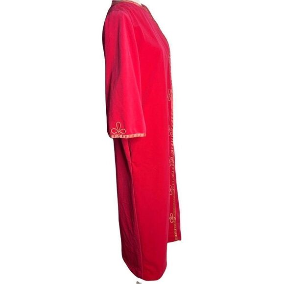 Vintage 80s Velour Full Length Housecoat Robe M Pink Zip Front Ribbon Trim - Picture 5 of 6